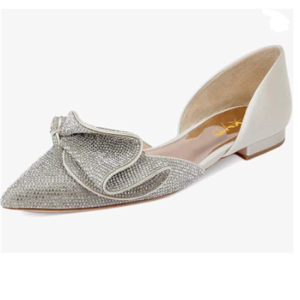 XYD Ivory Sparkle Pointed Toe D'Orsay Slip On Slides Elegent Folded Bow Flats